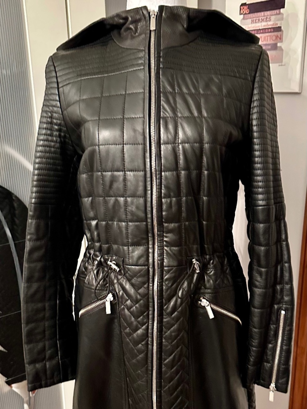 Karen Millen black quilted neutral leather parka hooded with zipper pockets, siz